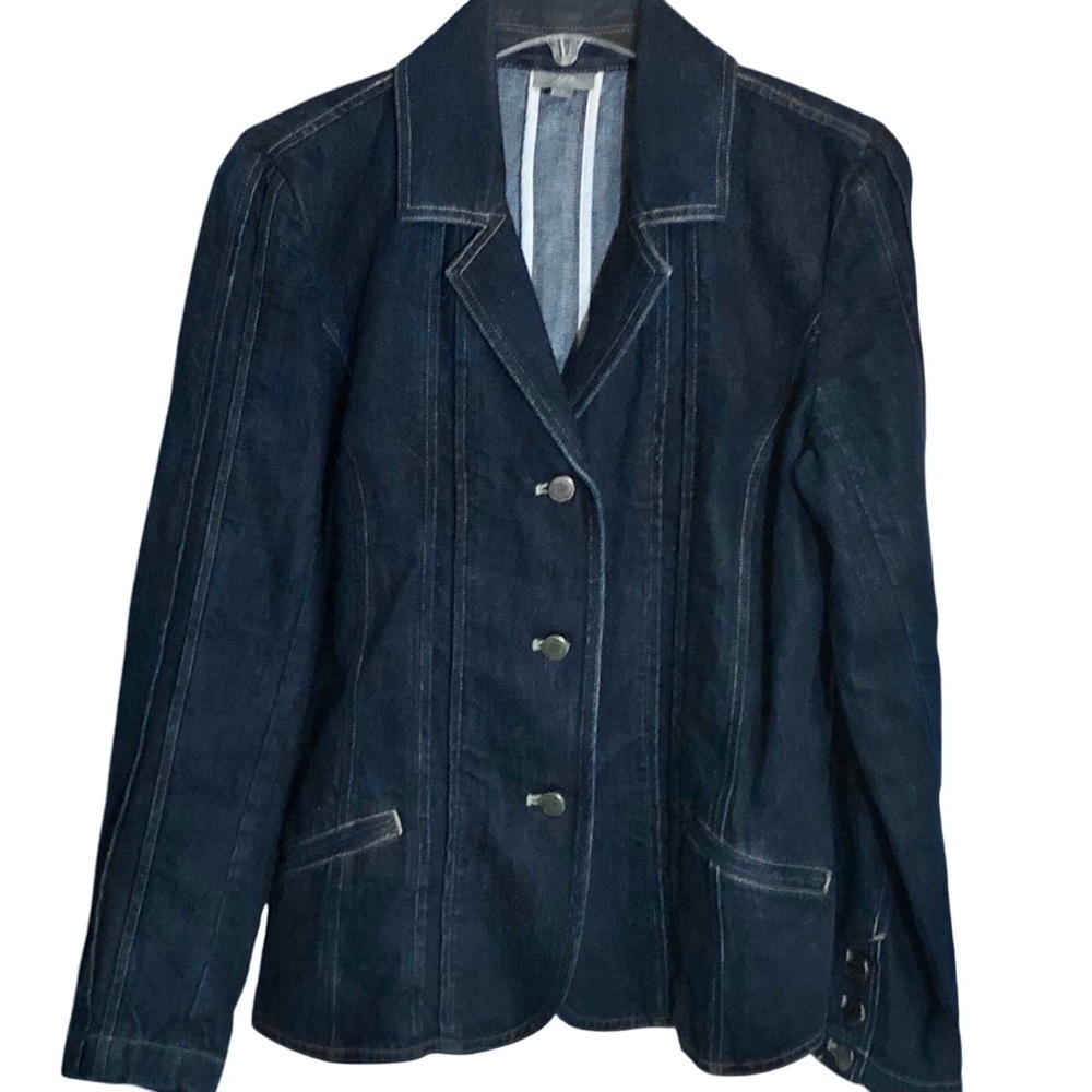 J. Jill Denim Shaped Jean Jacket Blazer Cotton/Linen Blend Dark Wash Size 8